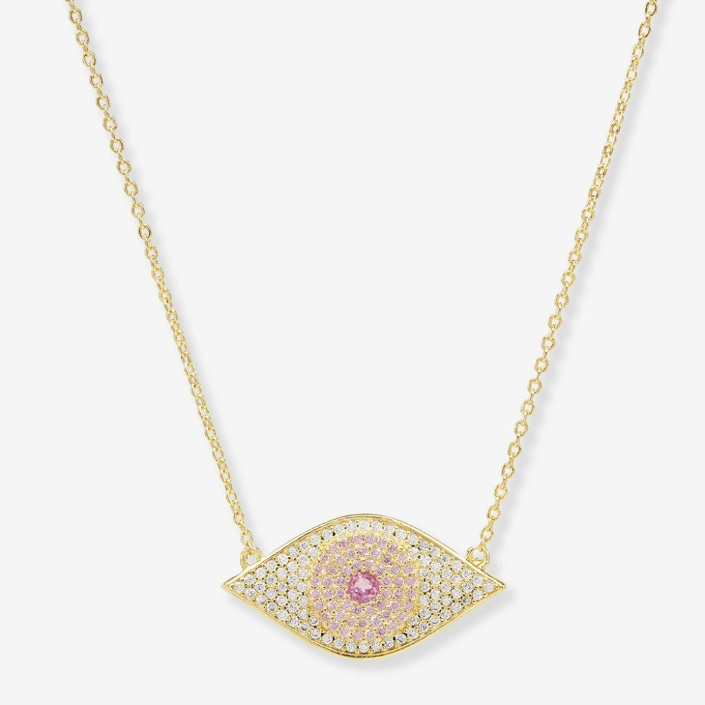 Melinda Maria Gold Eye Pendant Necklace with Pink and White Stones